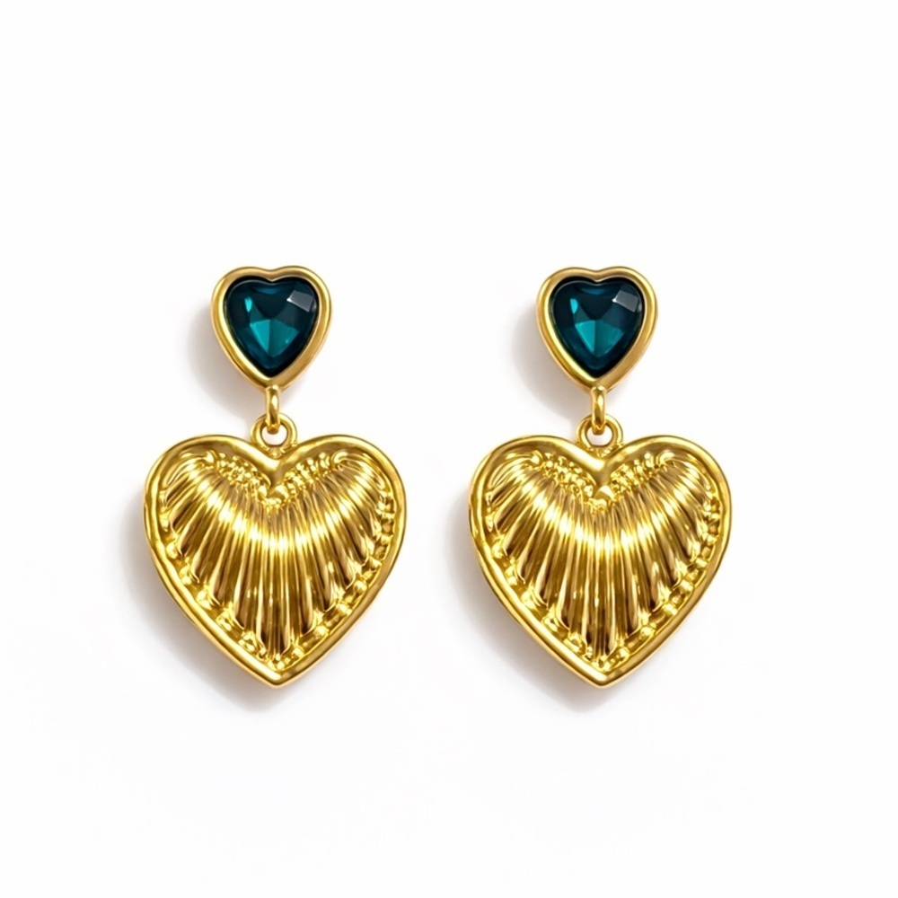 Gold and Teal Heart Drop Earrings